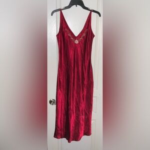 California Dynasty Floral Embroidery Trimmed Burgundy Full Length Nightgown